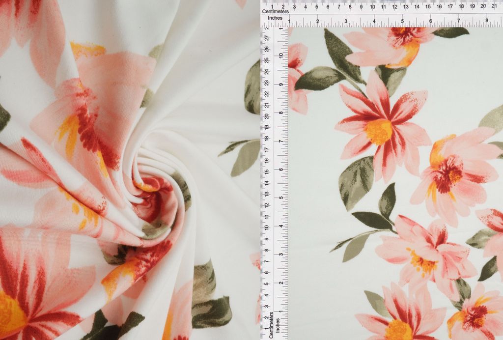 KNT2100-Q80917 / IVORY/CORAL / 96%POLY 4%SPAN DTY BRUSHED FLORAL PRINT