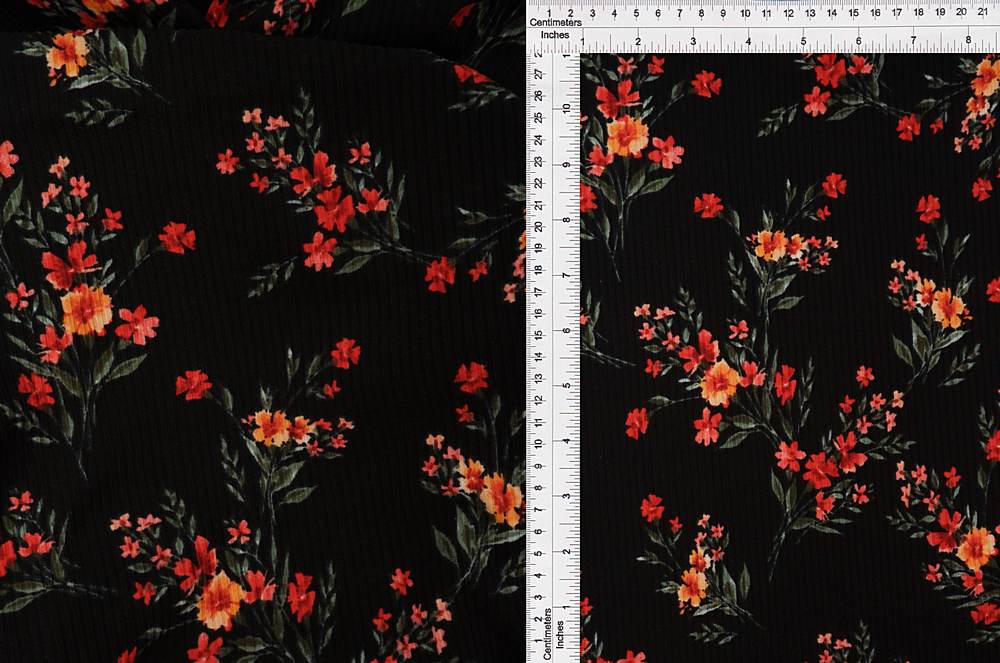 KNT3422-MS00209 / BLACK / 87%POLY 13%SPAN 4X2 YUMMY RIB DITSY FLORAL-FLOWER