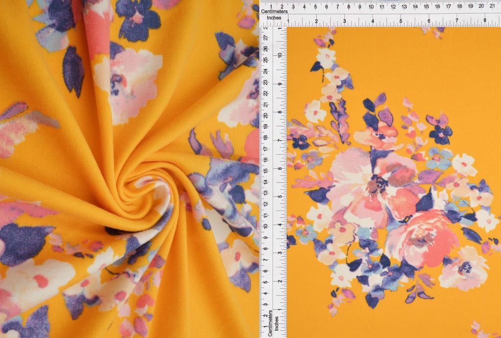 KNT2100-Q10218 / MUSTARD / 96%POLY 4%SPAN DTY BRUSHED FLORAL PRINT