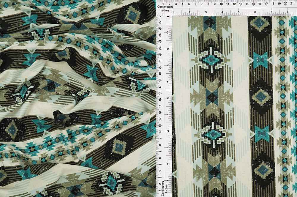 KNT2100-Q10726 / OLIVE/TEAL / 96%POLY 4%SPAN DTY BRUSHED TRIBAL/BOHO/AZTEC PRINT