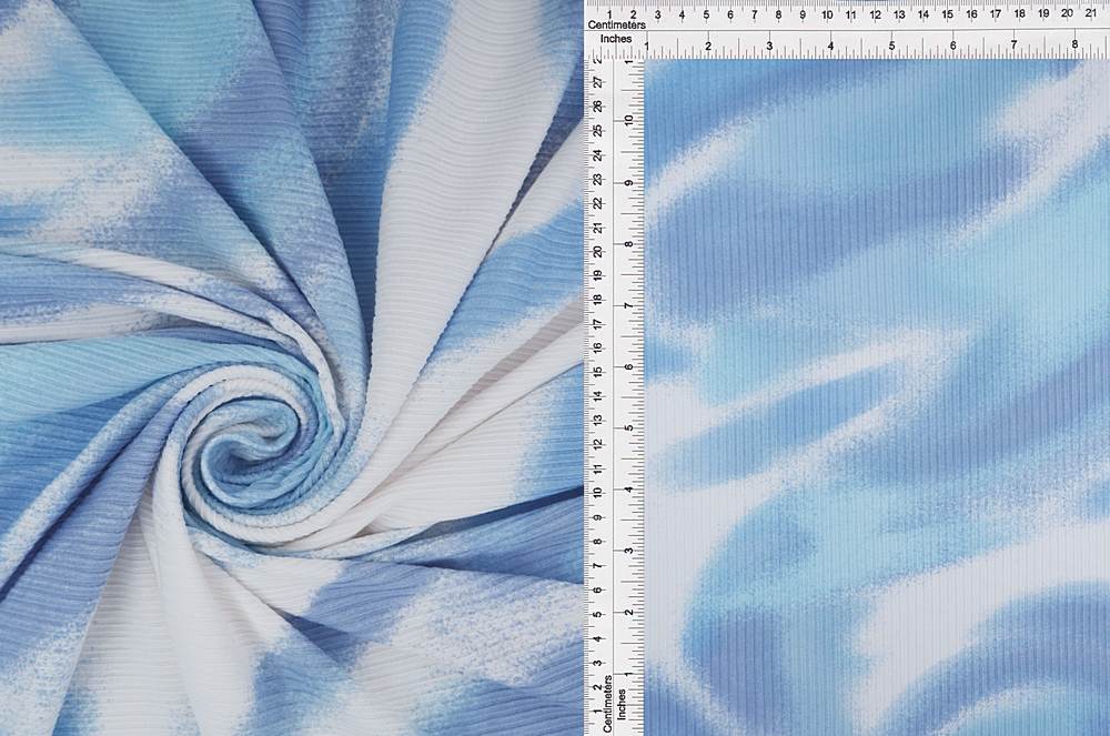 KNT3422-S908175 / WHITE/BLUE / 87%POLY 13%SPAN 4X2 YUMMY RIB ABSTRACT/MARBLE PRINT
