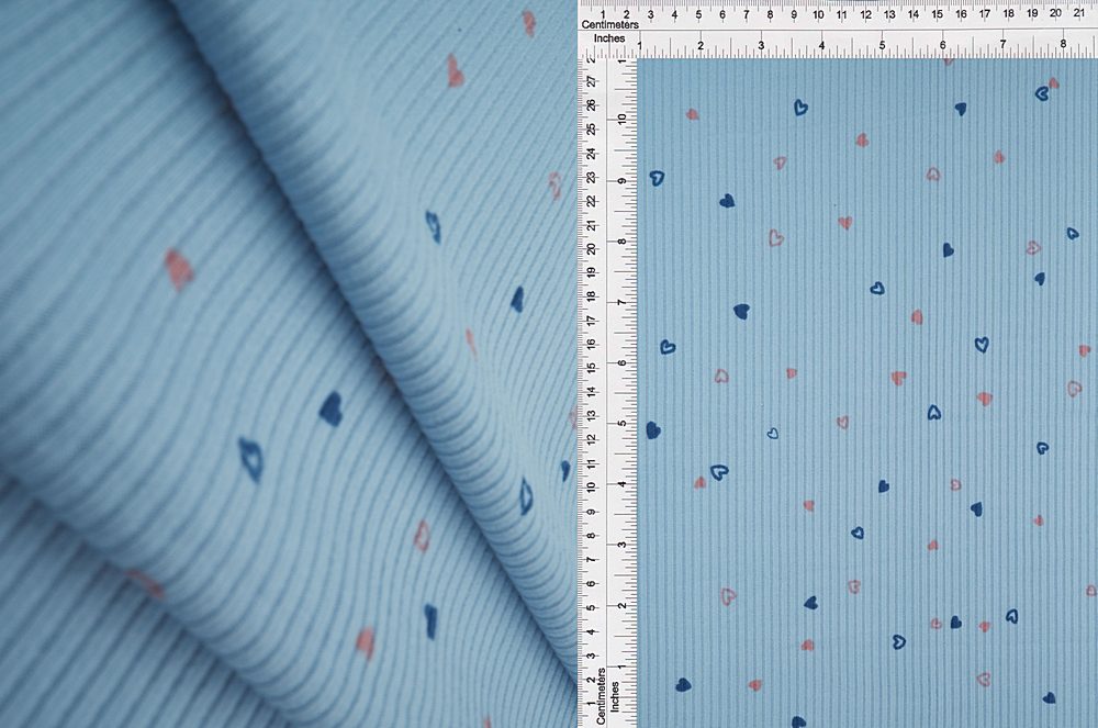 KNT3422-MS10511 / BLUE / 87%POLY 13%SPAN 4X2 YUMMY RIB SMALL HEART PRINT