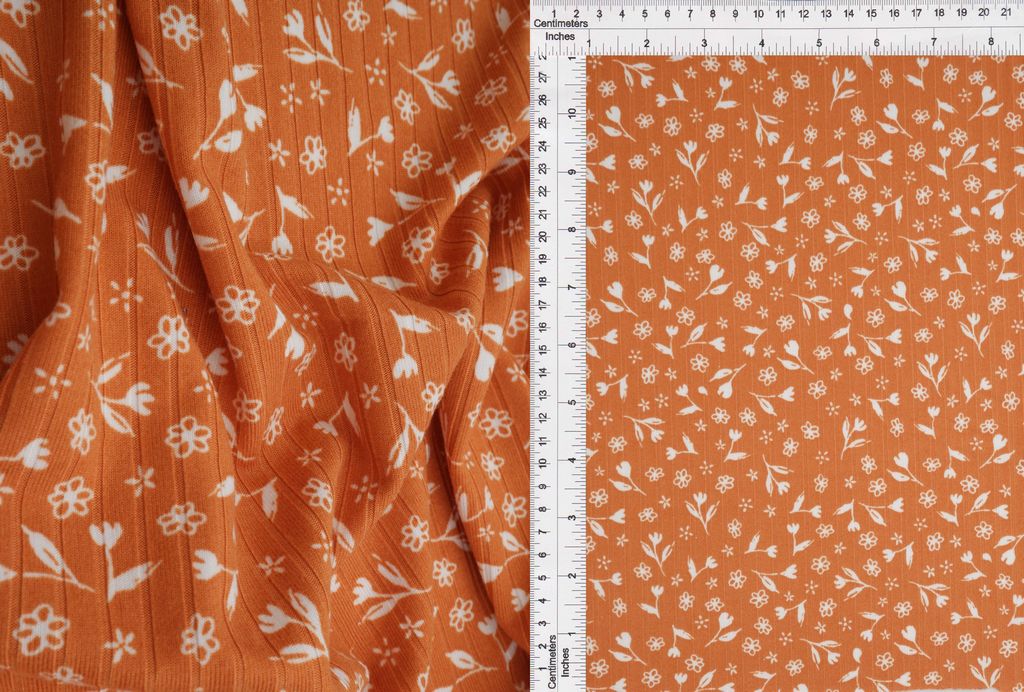 KNT4135-MS01222 / ORANGE / 96%POLY 4%SPAN 8X3 YUMMY RIB DITSY FLORAL PRINT