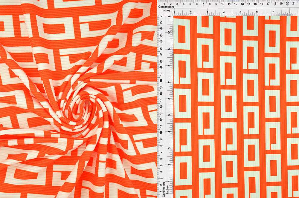 KNT3422-Q11011 / ORANGE/WHT / 87/13 POLY SPAN 4X2YUMMY RIB GEO/RETRO/GREEK PRINT
