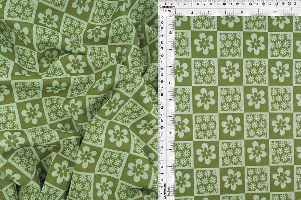 KNT4445 / OLIVE VINTAGE / 97%P 3%SP DOUBLE KNIT JACQUARD FLOWER CHECKER