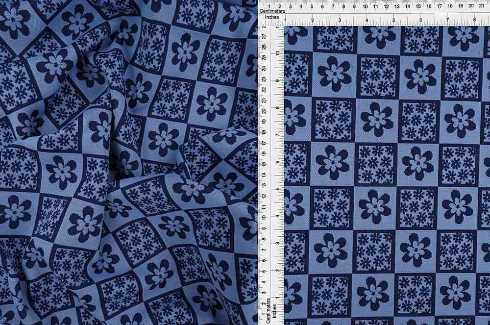 KNT4445 / NAVY/BLUE LT / 97%P 3%SP DOUBLE KNIT JACQUARD FLOWER CHECKER
