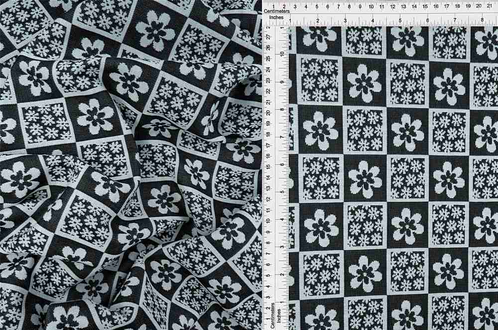 KNT4445 / BLACK / 97%P 3%SP DOUBLE KNIT JACQUARD FLOWER CHECKER