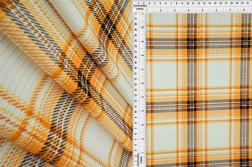 KNT3422-Q01221 / IVORY/MUSTARD / 87%POLY 13%SP 4X2 YUMMY RIB PLAID PRINT