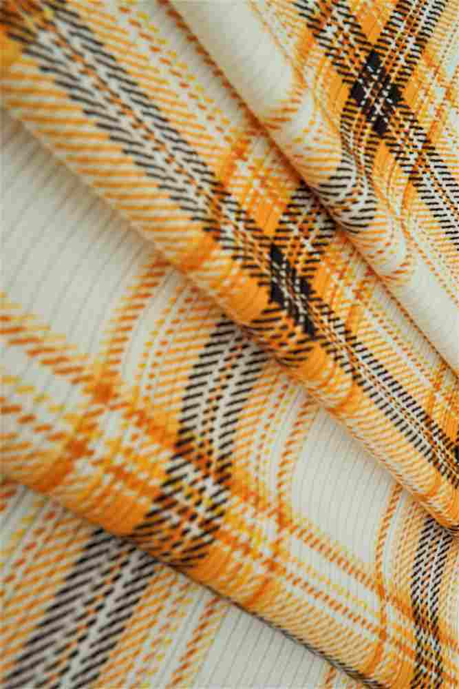 KNT3422-Q01221 / IVORY/MUSTARD / 87%POLY 13%SP 4X2 YUMMY RIB PLAID PRINT