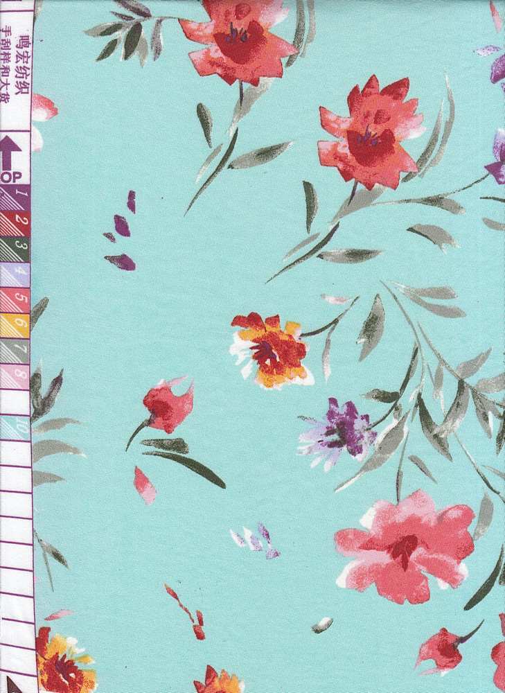 KNT1389-MS10708 / MINT / 96% Poly 4% Spandex Dty 60s 70s Floral Print