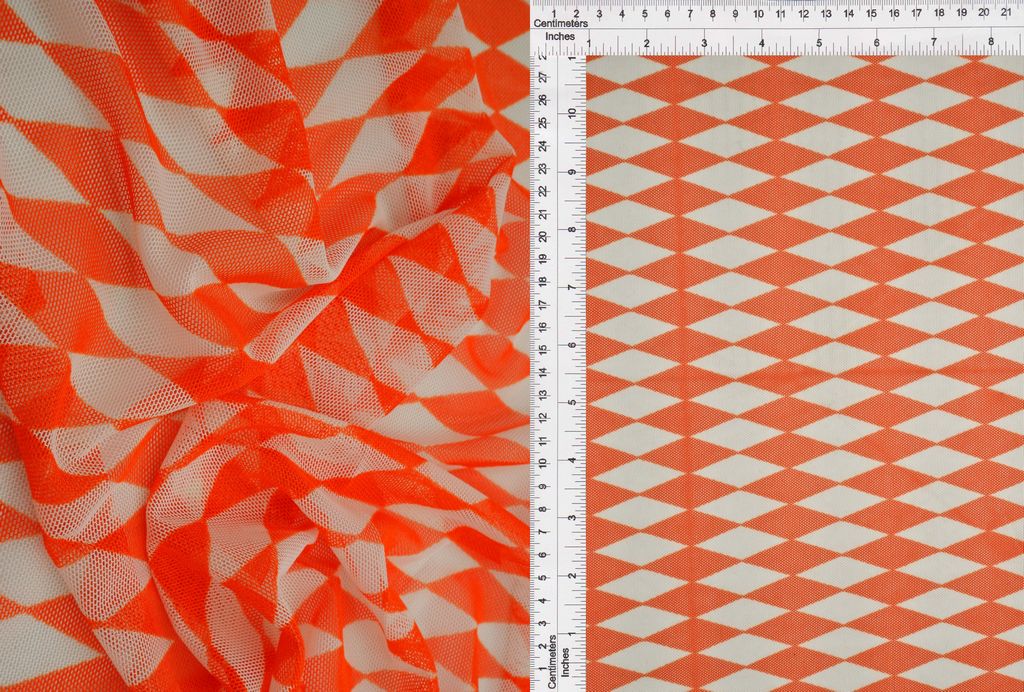 MESH-Q20216 / ORANGE/WHITE / 90%POLY 10%SPAN MESH RETRO/GEO PRINT