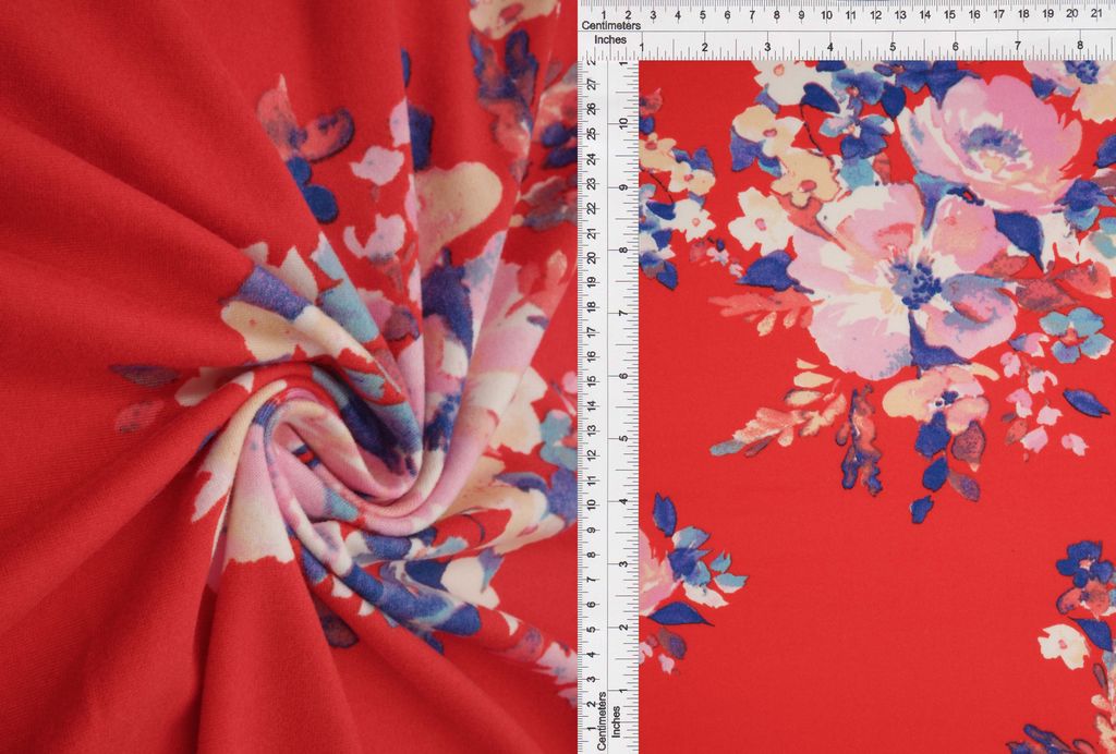 KNT2100-Q10218 / RED / 96%POLY 4%SPAN DTY BRUSHED FLORAL PRINT