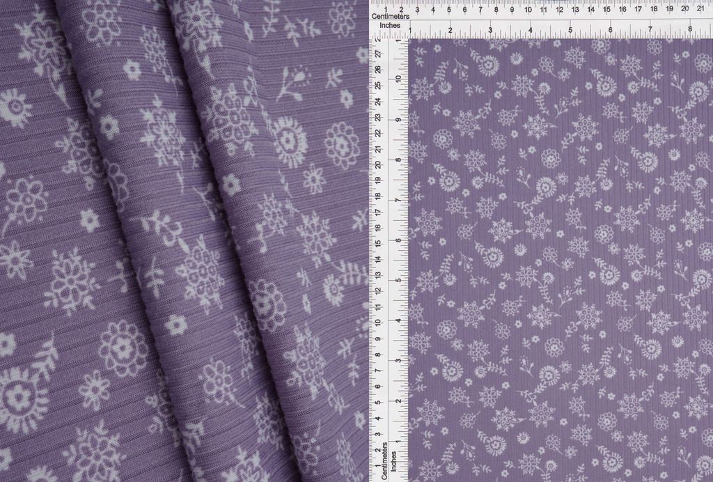 KNT3422-MS10176 / LAVENDER DK / 96%POLY 4%SPAN 4X2 YUMMY RIB DITSY FLORAL/FLOWER
