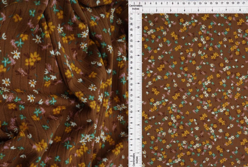 KNT4135-MS10078 / BROWN / 96%POLY 4%SPAN 8X3 YUMMY RIB DITSY FLORAL/FLOWER