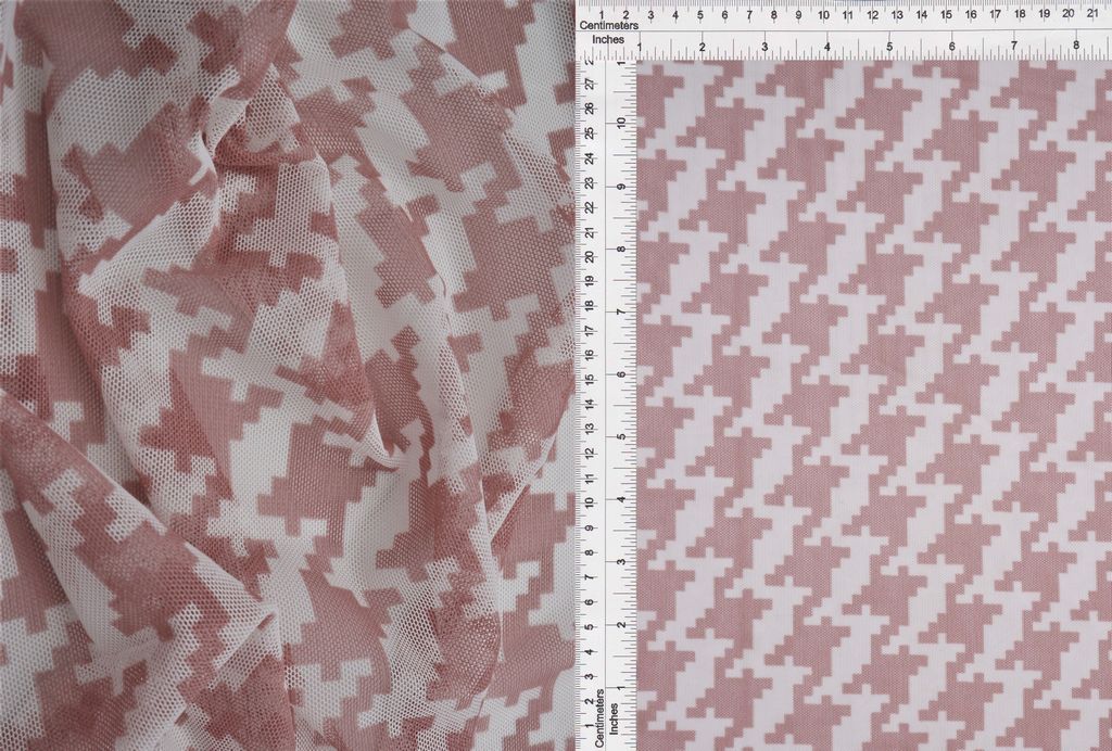 MESH-DU489 / CLAY/IVORY / 90% POLY 10% SPANDEX MESH HOUNDSTOOTH PRINT
