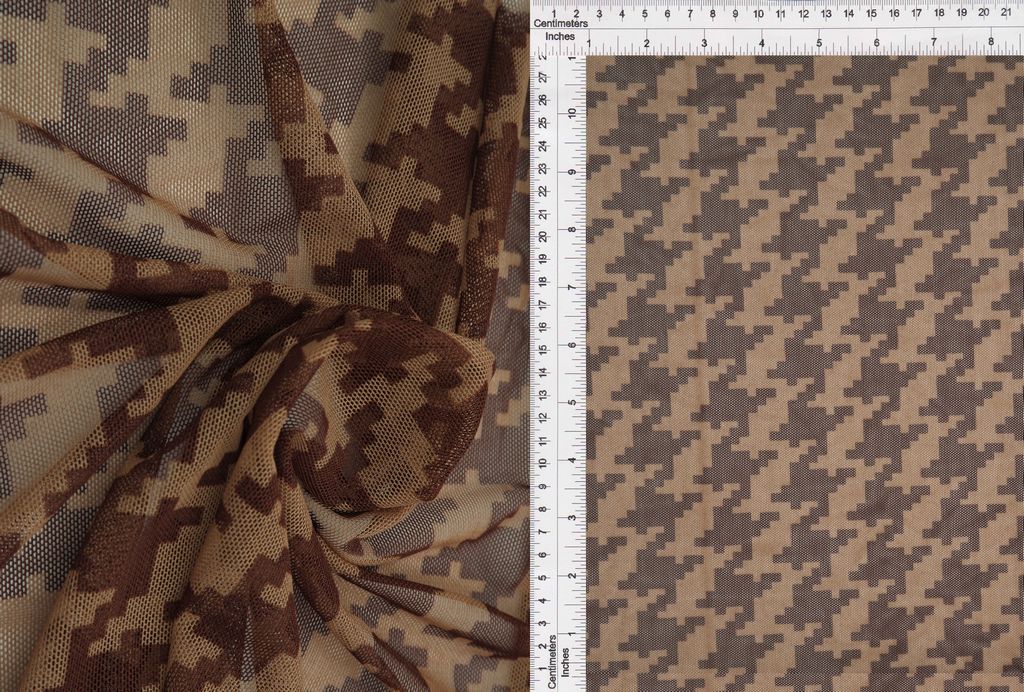 MESH-DU489 / BROWN/TAUPE / 90% POLY 10% SPANDEX MESH HOUNDSTOOTH PRINT