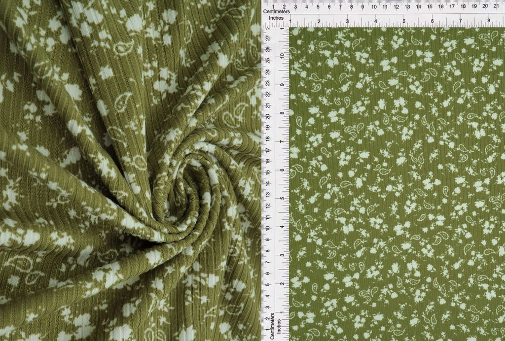 KNT3422-MS01214 / MOSS GREEN / 96%POLY 4%SPAN 4X2 YUMMY RIB PAISLEY/FLORAL-FLOWER