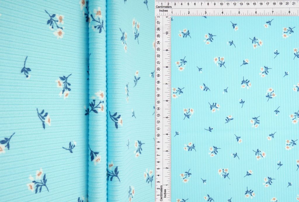 KNT3422-MS11129 / BLUE SKY / 96%POLY 4%SPAN 4X2 YUMMY RIB DITSY FLORAL/FLOWER