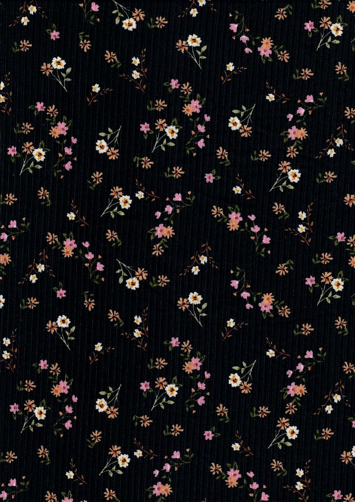 KNT3422-MS10091 / BLACK / 96%POLY 4%SPAN 4X2 YUMMY RIB DITSY FLORAL/FLOWER