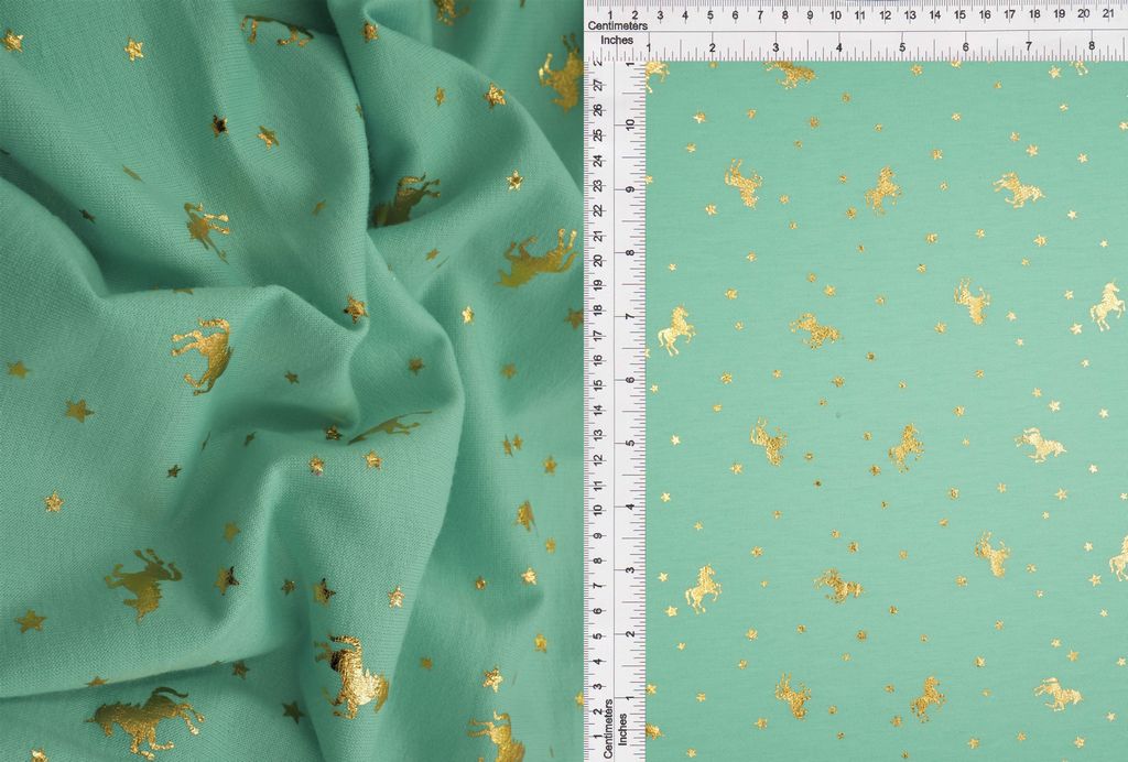 KNT3865-MS10120 / MINT/GOLD FOIL / 83%P 14.5%R 2.5%SP FRENCH TERRY UNICORN FOIL PRINT