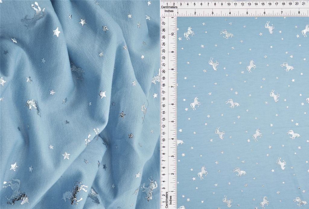 KNT3865-MS10120 / BLUE LT/SILVER FOIL / 83%P 14.5%R 2.5%SP FRENCH TERRY UNICORN FOIL PRINT