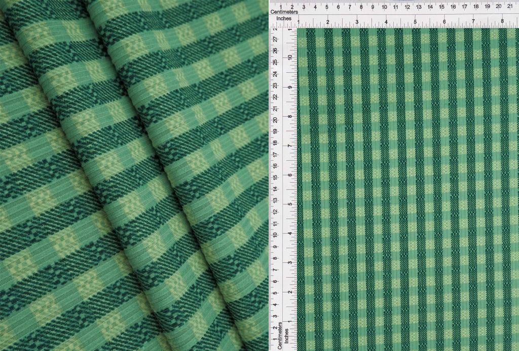 KNT3422-MS00203 / GREEN/SAGE / 87%POLY 13%SPAN 4X2 YUMMY RIB GINGHAM-CHECKERED