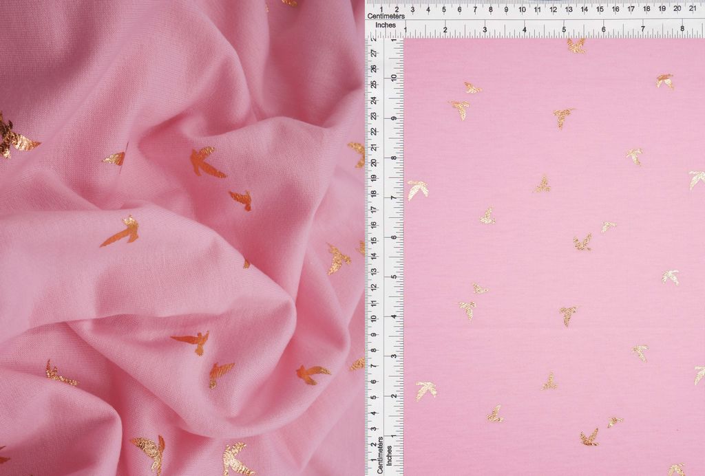 KNT3865-MS10121 / PINK LT/GOLD FOIL / 83%POLY 14.5%RAY 2.5%SP FRENCH TERRY BIRD FOIL
