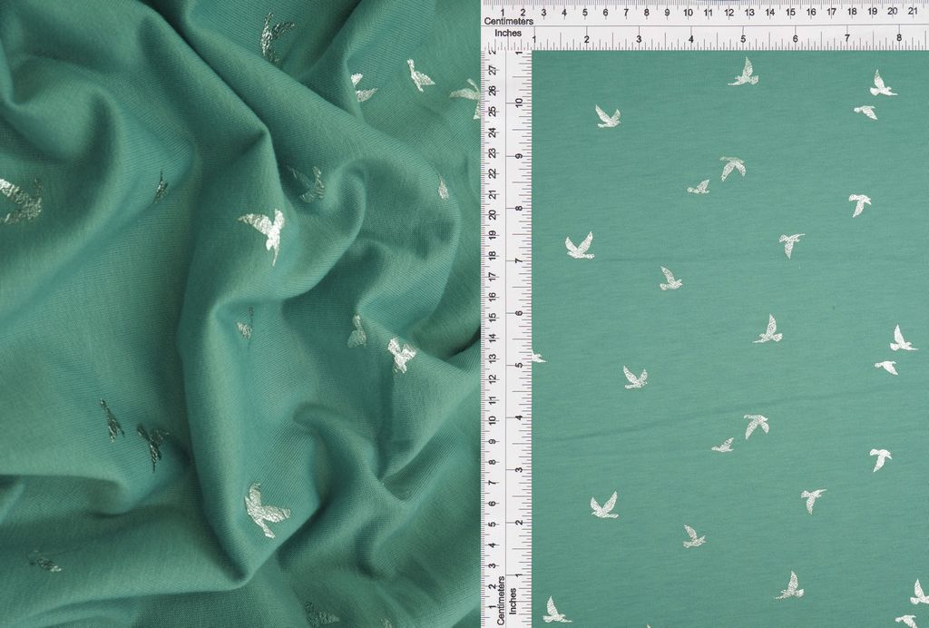 KNT3865-MS10121 / SAGE DK/SILVER FOIL / 83%POLY 14.5%RAY 2.5%SP FRENCH TERRY BIRD FOIL