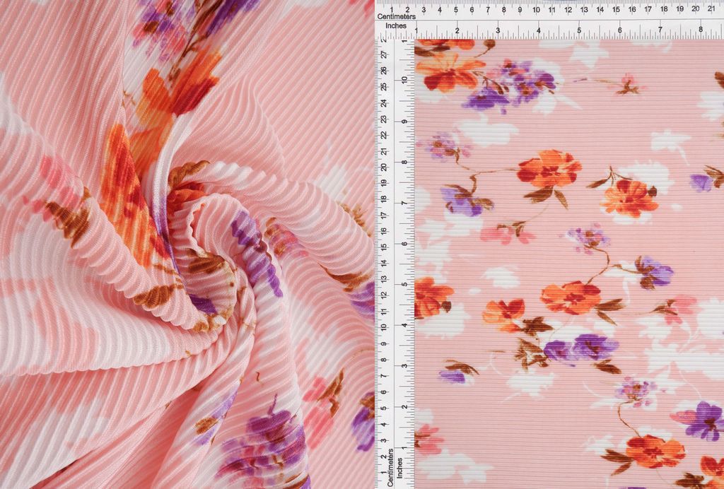 KNT3696-MS11027 / PINK / 100%POLY BODRE/INTERLOCK PLEATED FLORAL/FLOWER