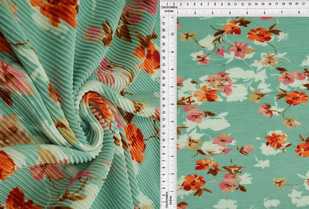 KNT3696-MS11027 / SEAFOAM / 100%POLY BODRE/INTERLOCK PLEATED FLORAL/FLOWER