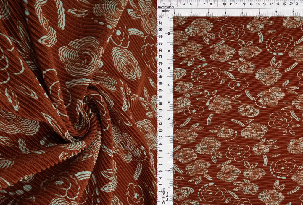 KNT3696-MS11019 / RUST / 100%POLY BODRE/INTERLOCK PLEATED GEO FLORAL/FLOWER