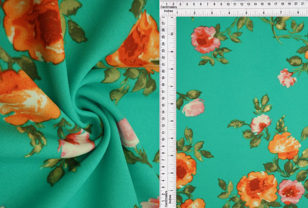KNT3971-Q20406 / GREEN LT/ORANGE / 95%POLY 5%SAPN TECHNO CREPE FLORAL/FLOWER