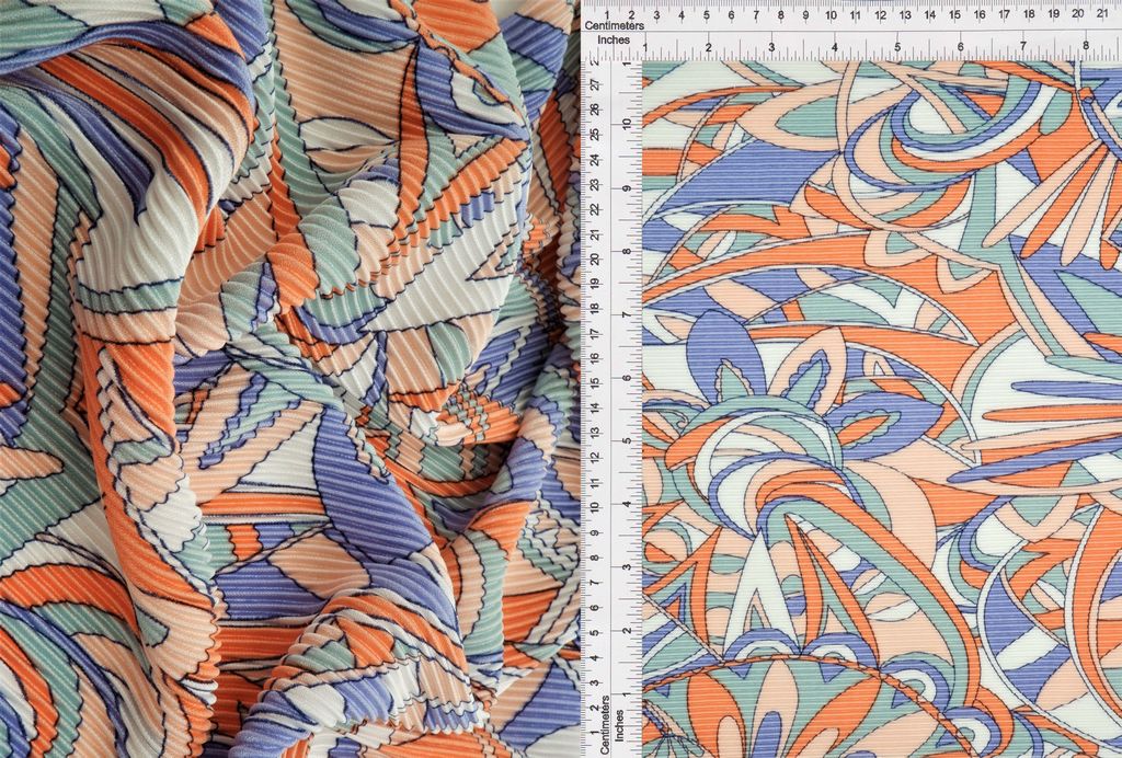KNT3696-MS11052 / ORANGE MULTI / 100%POLY BODRE/INTERLOCK PLEATED GREOMETRIC