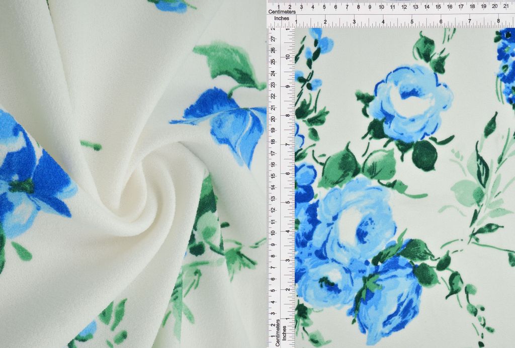 KNT3971-Q11008 / IVORY/BLUE / 95%POLY 5%SPAN TECHNO CREPE FLOWER/FLORAL PRINT