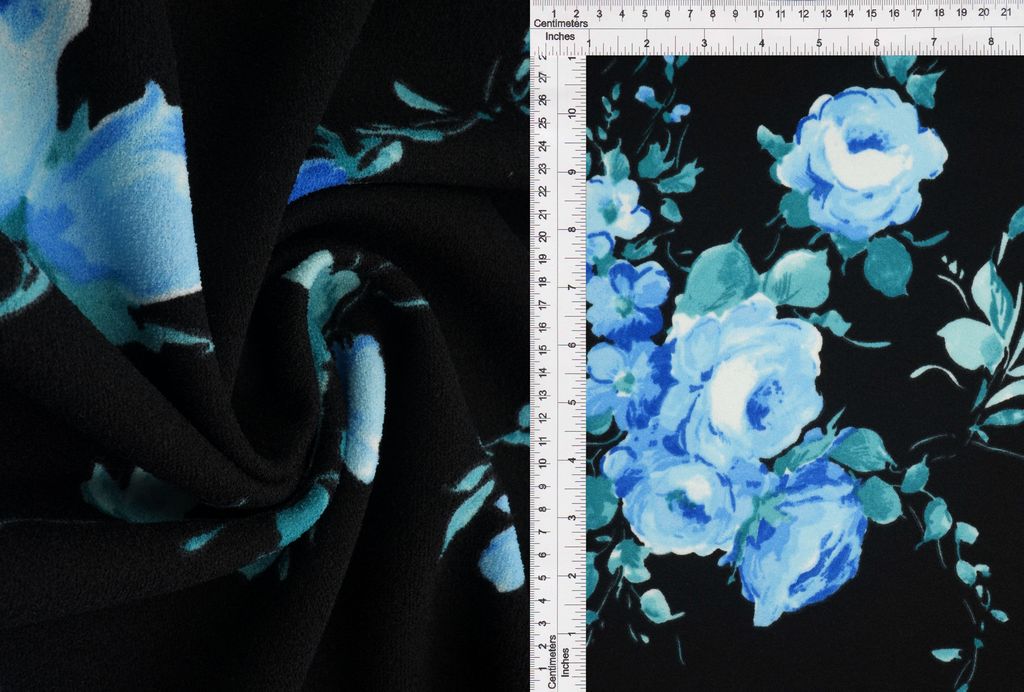 KNT3971-Q11008 / BLACK/BLUE / 95%POLY 5%SPAN TECHNO CREPE FLOWER/FLORAL PRINT
