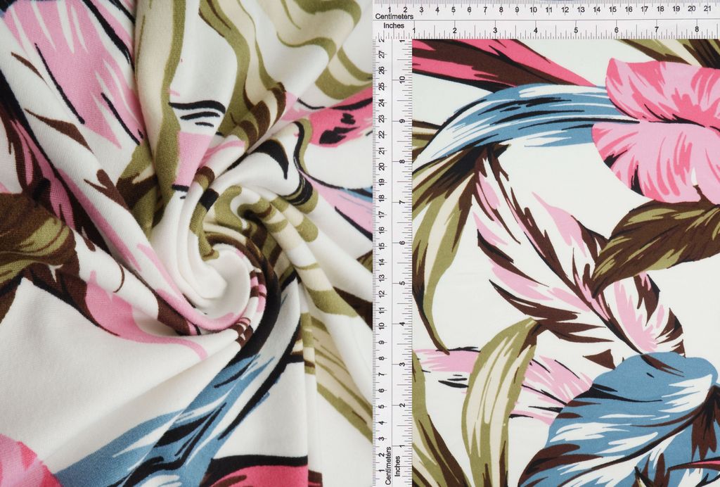 KNT2100-Q20503 / IVORY / 96%POLY 4%SPANDEX DTY BRUSHED LEAF PRINT