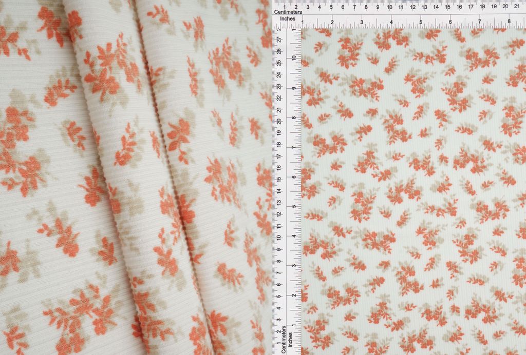KNT3422-MS00301 / IVORY/ORANGE / 87%POLY 13%SPAN 4X2 YUMMY RIB DITSY FLORAL-FLOWER