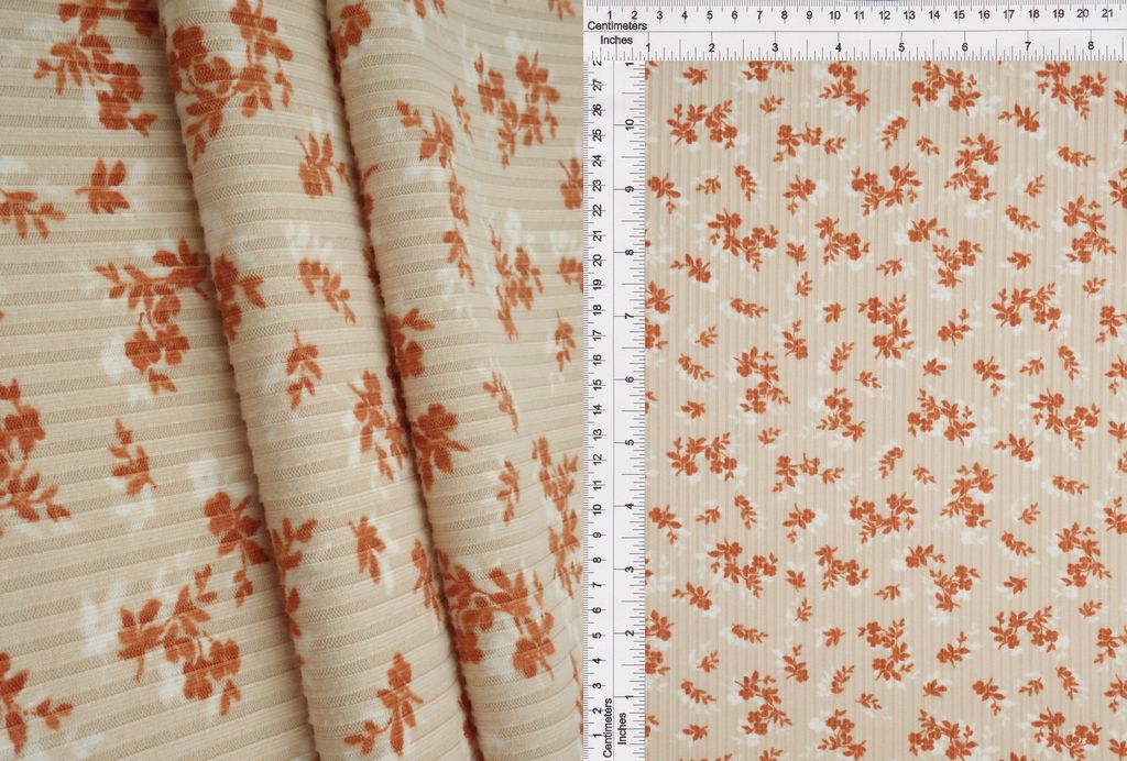 KNT3422-MS00301 / SAND / 87%POLY 13%SPAN 4X2 YUMMY RIB DITSY FLORAL-FLOWER