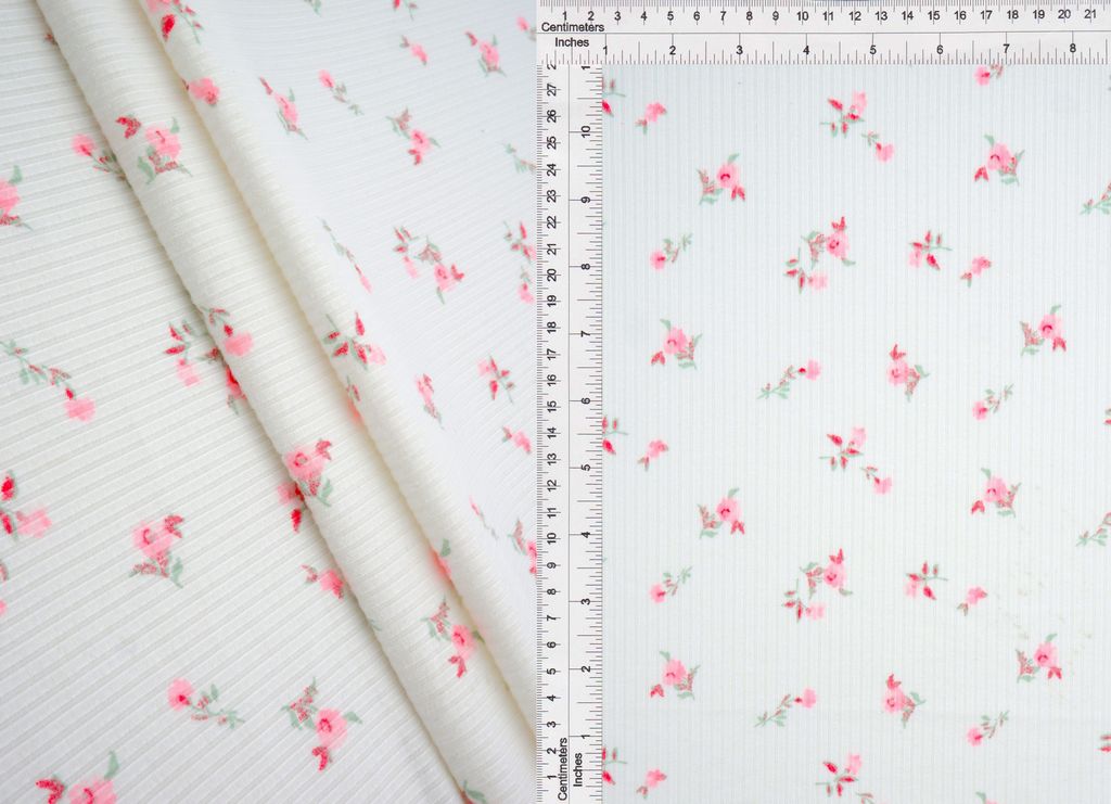 KNT3422-MS10602 / IVORY/PINK / 87%POLY 13%SPAN 4X2 YUMMY RIB DISTY FLOWER PRINT