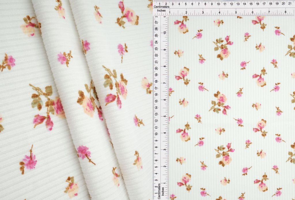 KNT3422-MS11118 / IVORY / 87%POLY 13%SPAN 4X2 YUMMY RIB DITSY FLORAL/FLOWER