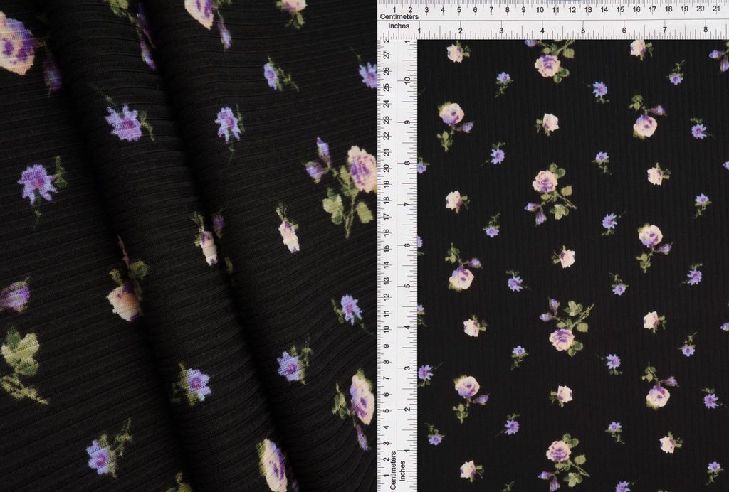 KNT3422-MS11118 / BLACK / 87%POLY 13%SPAN 4X2 YUMMY RIB DITSY FLORAL/FLOWER
