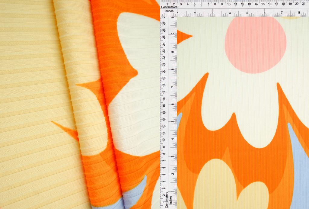 KNT4135-MS11093 / ORANGE MULTI / 87%POLY 13%SPAN 8X3 YUMMY RIB FLORAL/FLOWER