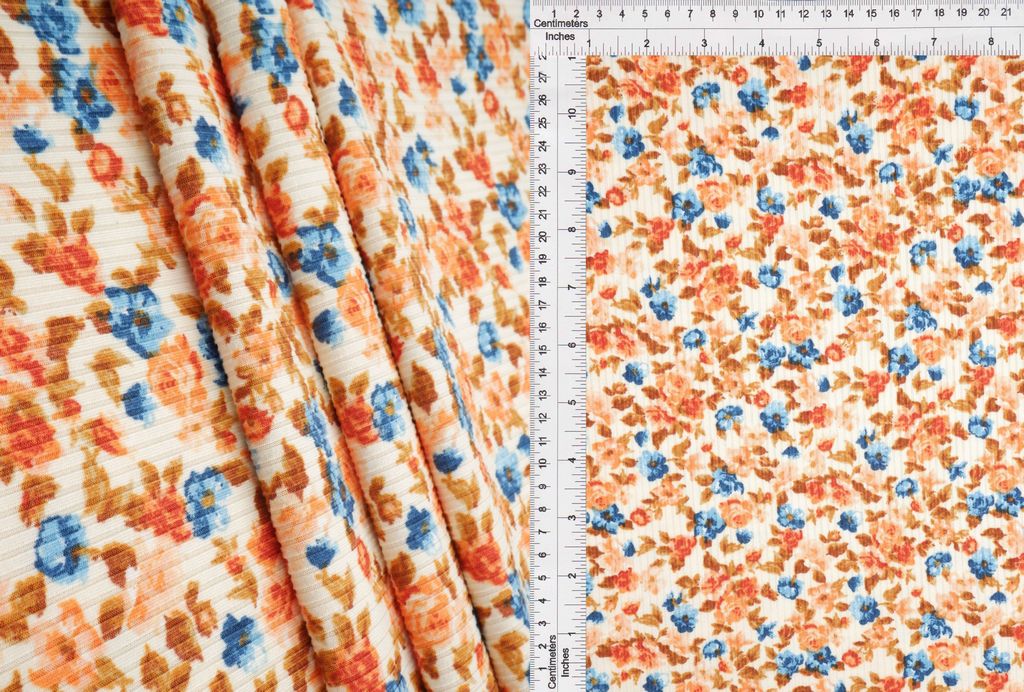 KNT3422-MS11127 / BEIGE / 87%POLY 13%SPAN 4X2 YUMMY RIB DISTY FLORAL PRINT
