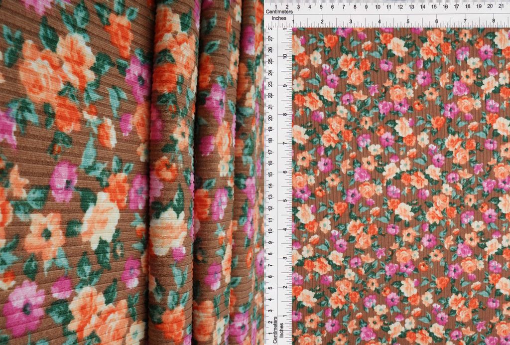 KNT3422-MS11127 / BROWN / 87%POLY 13%SPAN 4X2 YUMMY RIB DISTY FLORAL PRINT