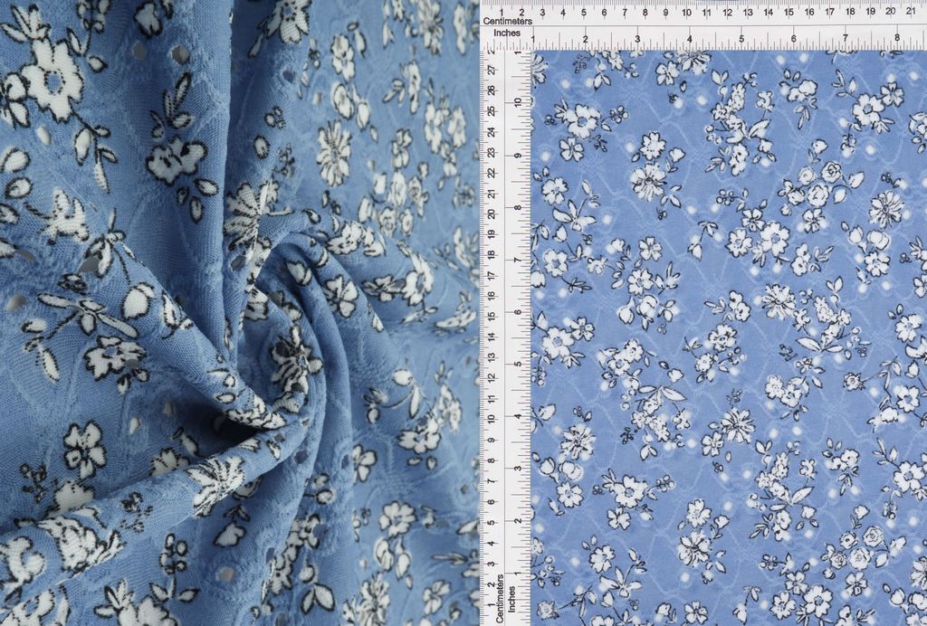 KNT4187-Q00713 / DENIM VINTAGE / 97%POLY 3%SPAN DTY KNIT JACQ EYELET FLORAL/FLOWER