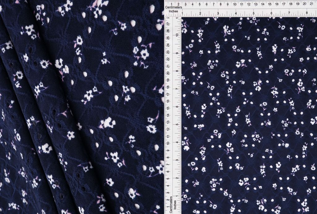 KNT4187-Q10502 / NAVY / 97%POLY 3%SPAN DTY KNIT JACQ EYELET DITSY FLORAL
