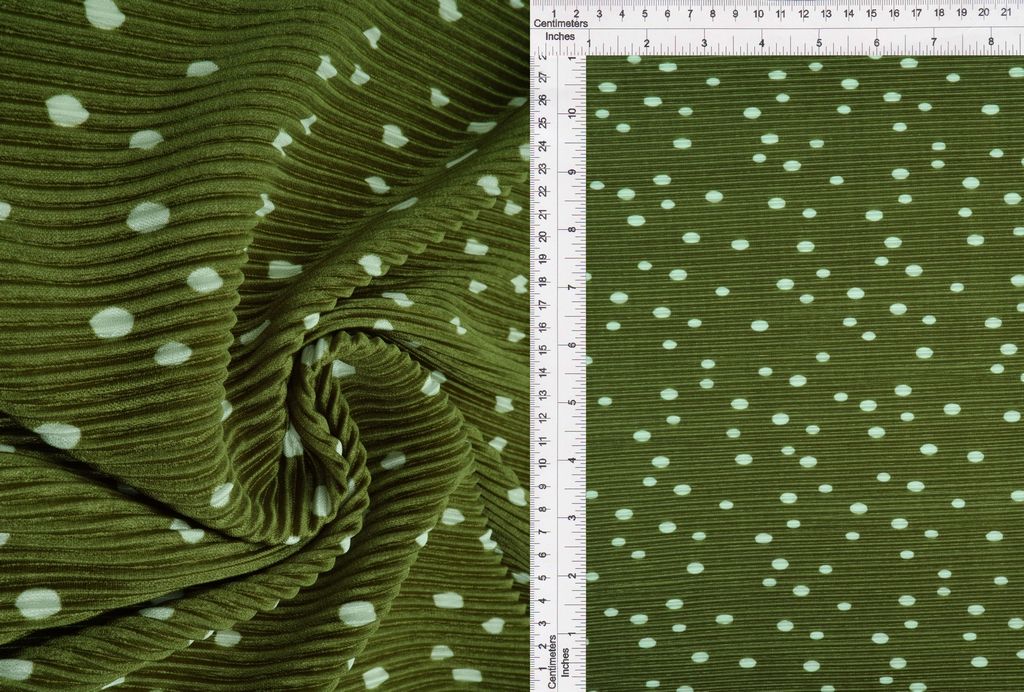 KNT3696-MS11095 / OLIVE / 100%POLY BODRE/INTERLOCK/PLEATED POLKADOT PRINT