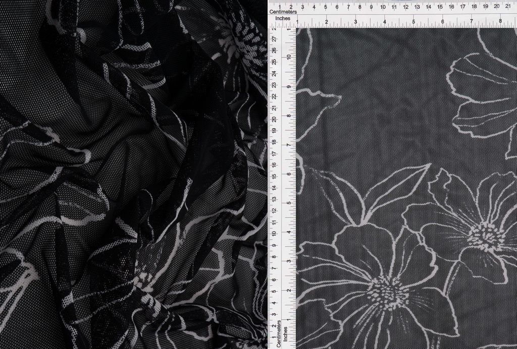 MESH-MS11082 / BLACK / 90%POLY 10%SPAN MESH FLORAL PRINT