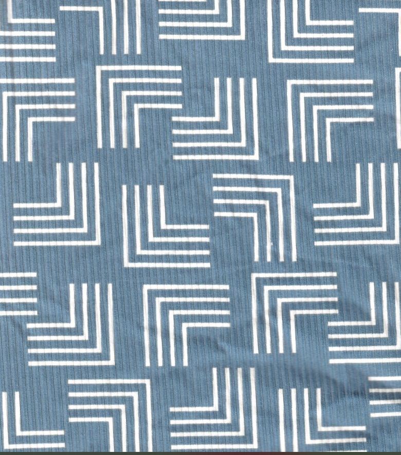 KNT3422-MS11156 / BLUE/TAUPE / 94%POLY 6%SPAN 4X2 YUMMY RIB GEO PRINT