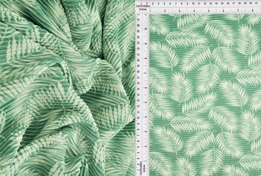 KNT3696-Q20507B / SAGE DUSTY / 100%POLY BODRE/INTERLOCK/PLEATED TROPICAL LEAF